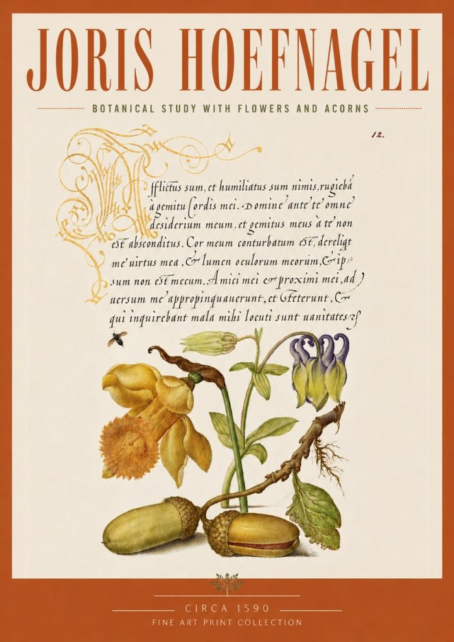 Joris Hoefnagel Illuminated Manuscript with Flowers and Acorns No5 - Affiche