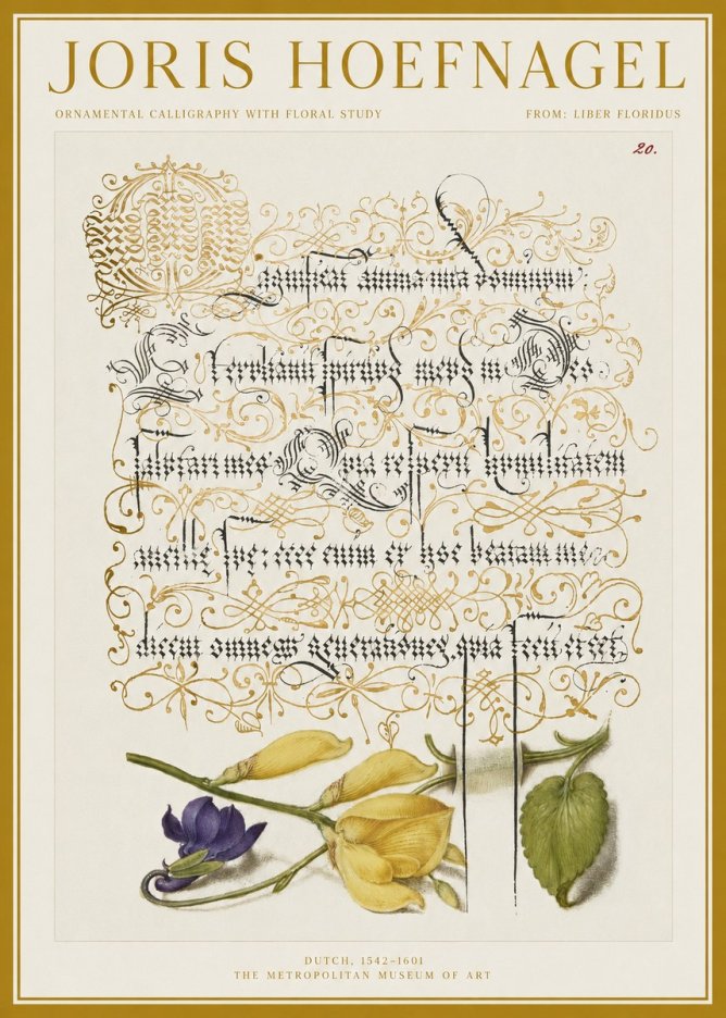Joris Hoefnagel Ornamental Calligraphy with Floral Study No1 - Affiche