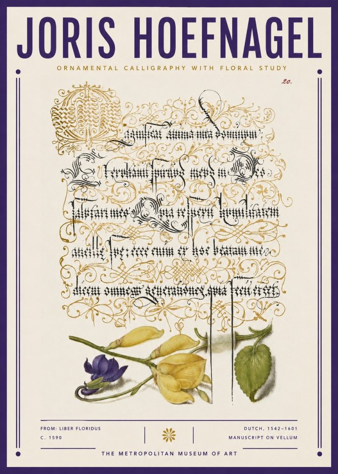 Joris Hoefnagel Ornamental Calligraphy with Floral Study No3 - Affiche