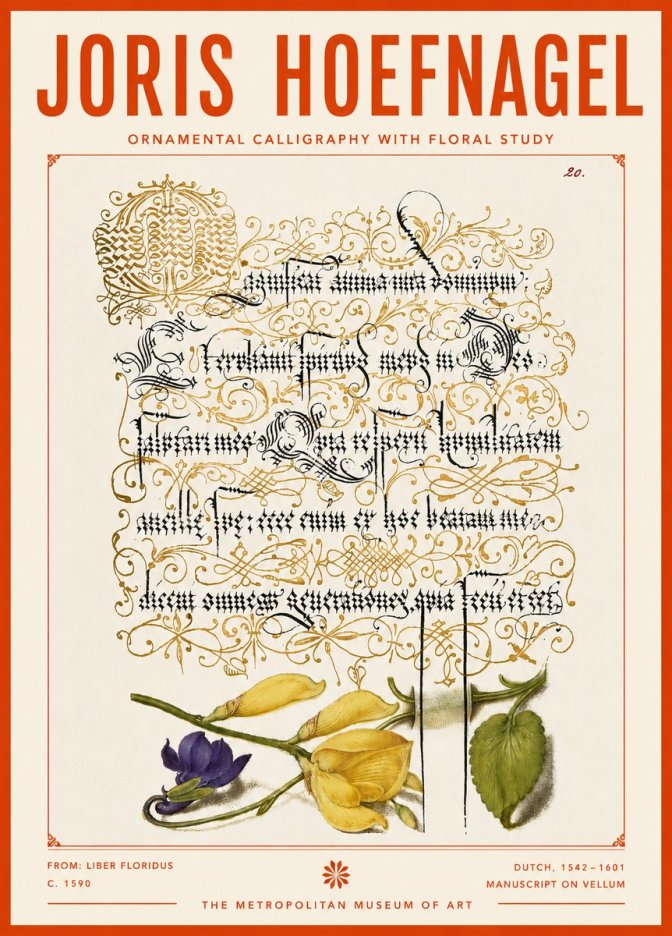 Joris Hoefnagel Ornamental Calligraphy with Floral Study No4 - Affiche
