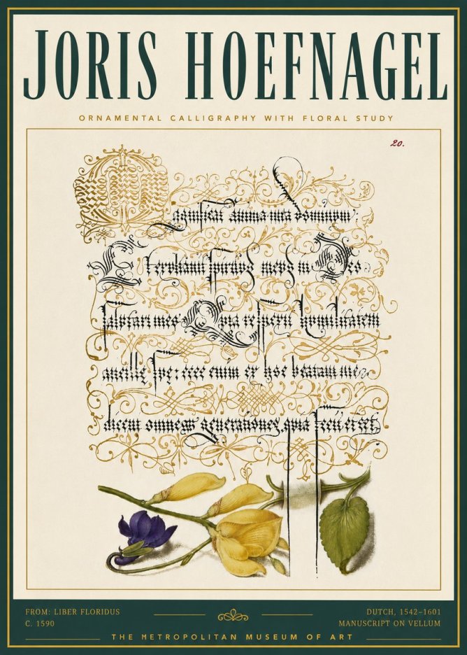 Joris Hoefnagel Ornamental Calligraphy with Floral Study No5 - Affiche