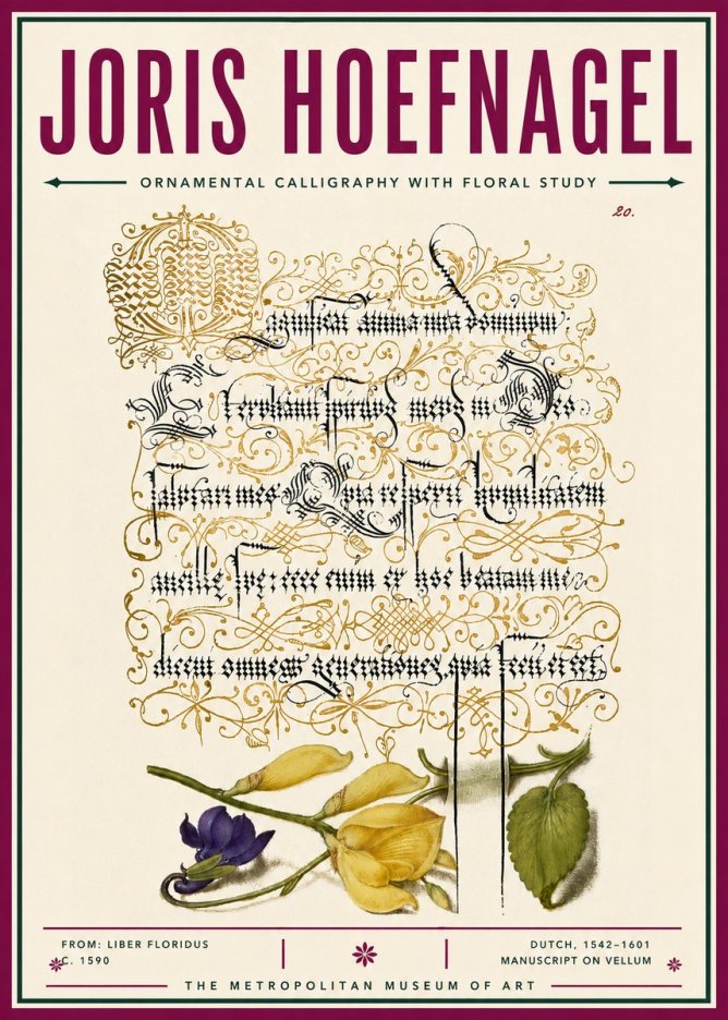 Joris Hoefnagel Ornamental Calligraphy with Floral Study No6 - Affiche