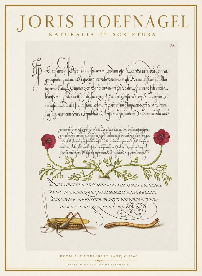 Joris Hoefnagel Illuminated Page with Flowers, Insects & Latin Script No2 - Affiche