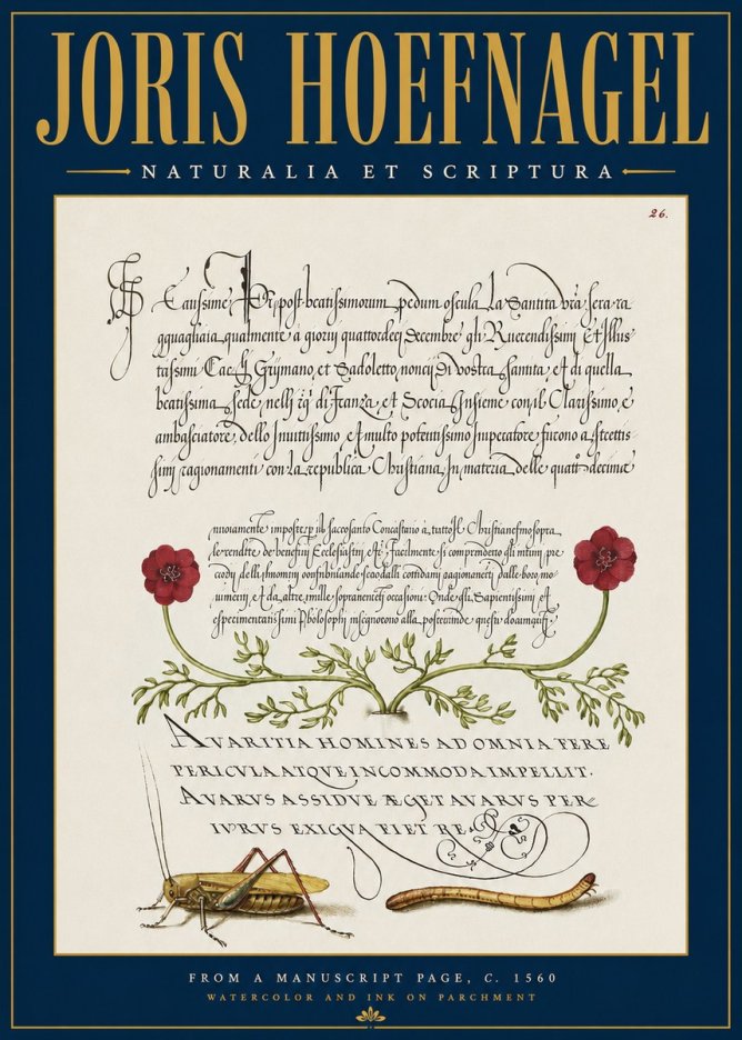 Joris Hoefnagel Illuminated Page with Flowers, Insects & Latin Script No4 - Affiche