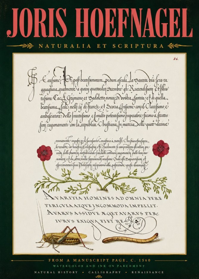 Joris Hoefnagel Illuminated Page with Flowers, Insects & Latin Script No5 - Affiche