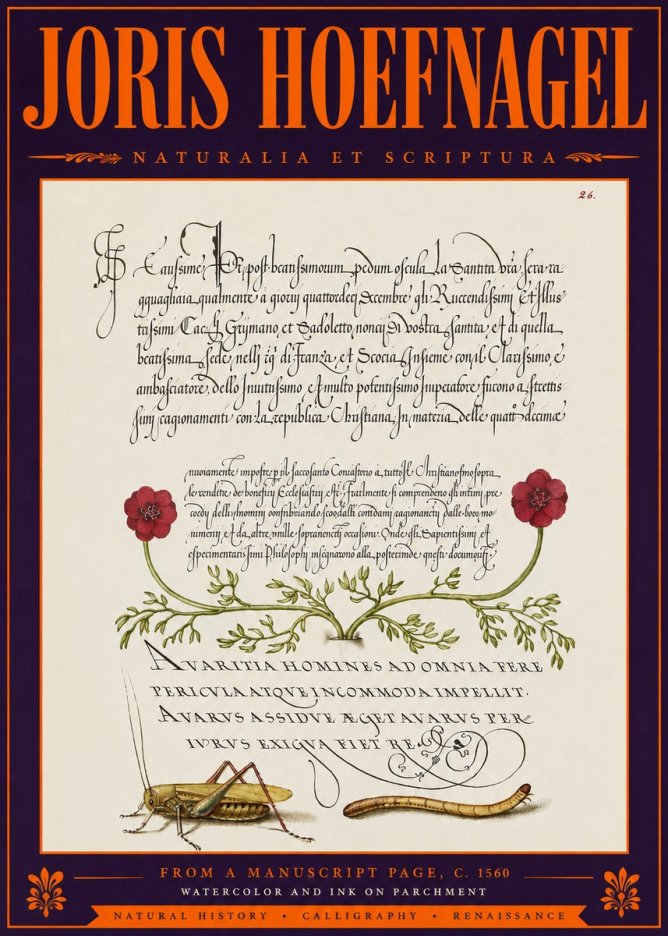 Joris Hoefnagel Illuminated Page with Flowers, Insects & Latin Script No6 - Affiche