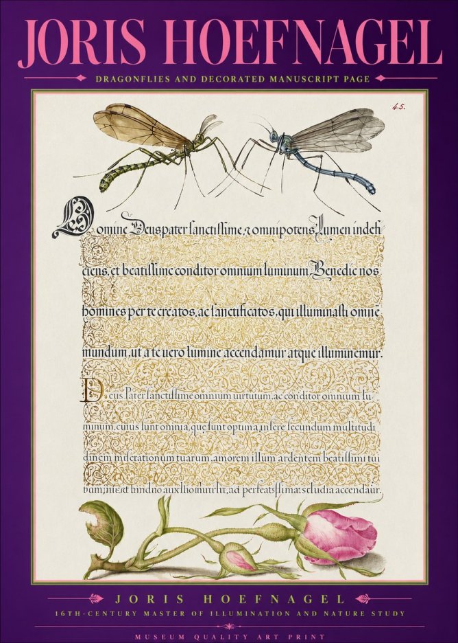 Joris Hoefnagel Dragonflies and Decorated Manuscript Page No2 - Affiche