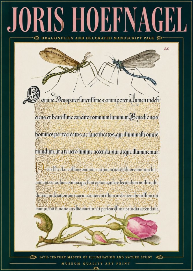 Joris Hoefnagel Dragonflies and Decorated Manuscript Page No5 - Affiche