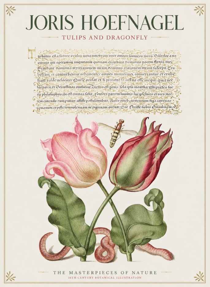 Joris Hoefnagel Two Tulips with Caterpillars and Dragonfly No2 - Affiche