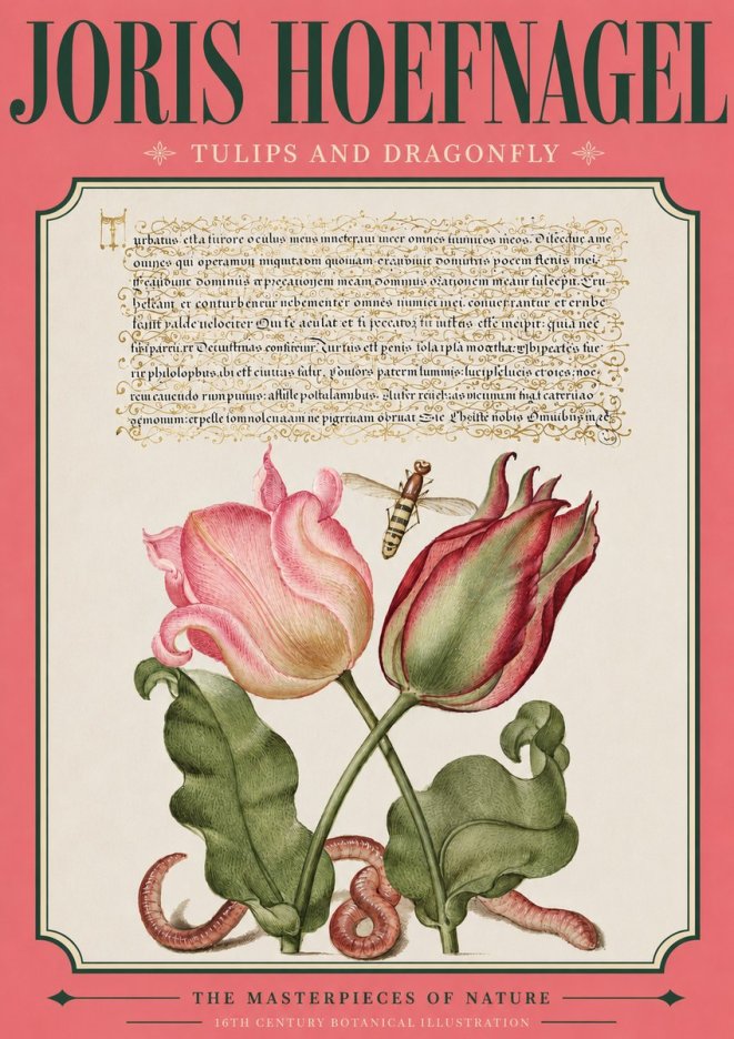 Joris Hoefnagel Two Tulips with Caterpillars and Dragonfly No4 - Affiche