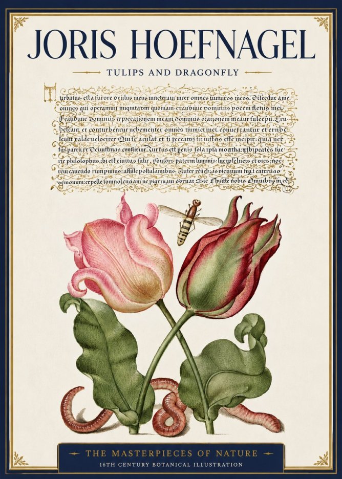 Joris Hoefnagel Two Tulips with Caterpillars and Dragonfly No6 - Affiche
