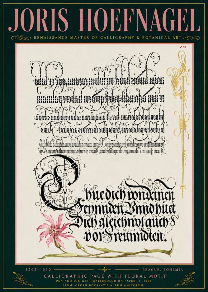 Joris Hoefnagel Calligraphy with Floral Ornament No6 - Affiche