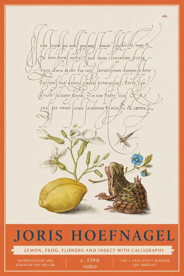 Joris Hoefnagel Nature Study with Lemon, Flowers, Frog & Insect No5 - Affiche