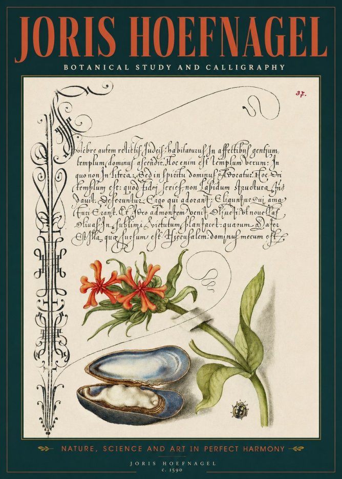 Joris Hoefnagel Botanical Study and Calligraphic Page No2 - Affiche