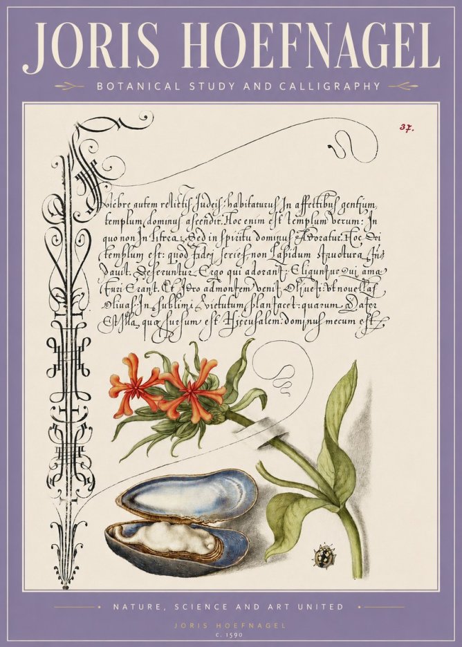 Joris Hoefnagel Botanical Study and Calligraphic Page No3 - Affiche