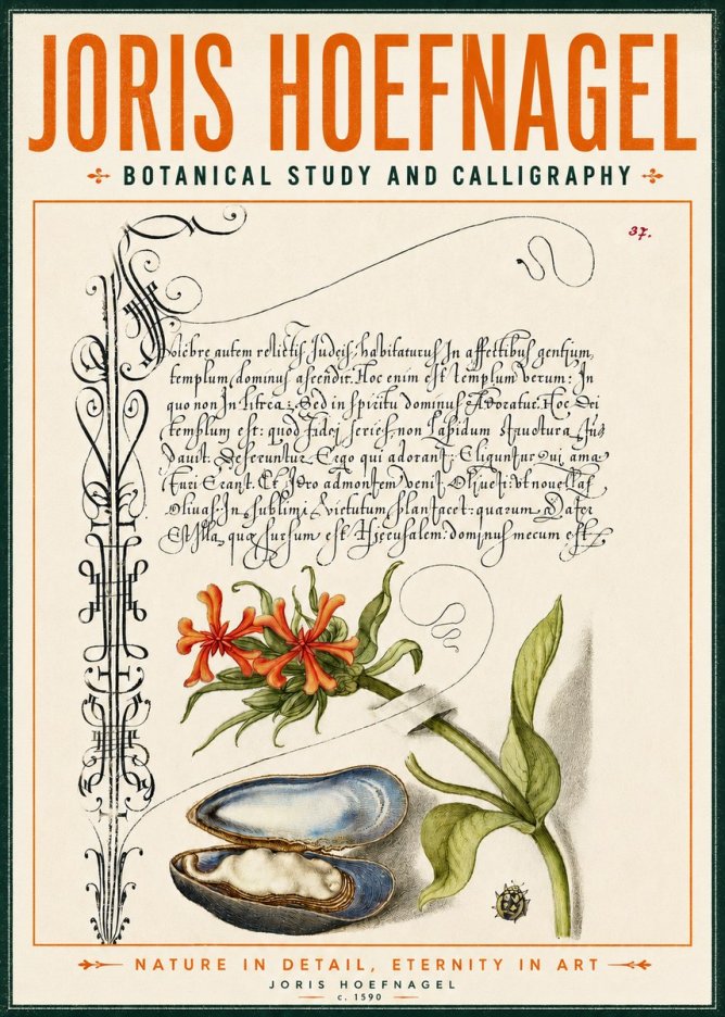 Joris Hoefnagel Botanical Study and Calligraphic Page No4 - Affiche