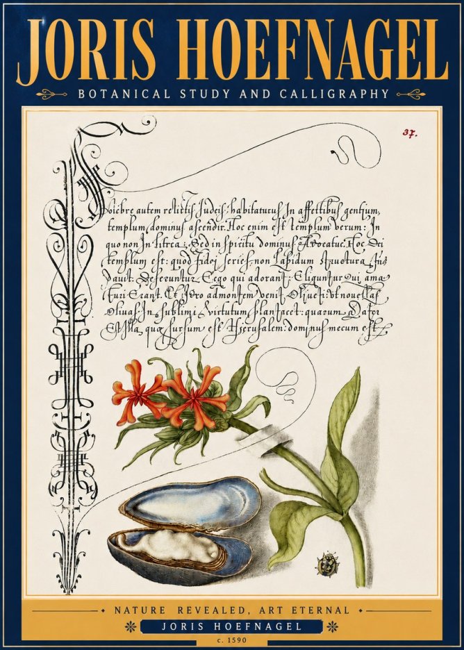 Joris Hoefnagel Botanical Study and Calligraphic Page No6 - Affiche