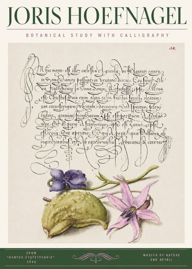 Joris Hoefnagel Botanical Study with Calligraphy I No3 - Affiche
