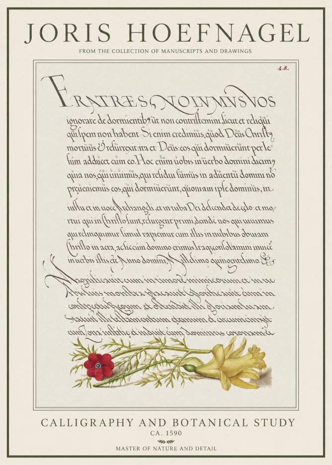 Joris Hoefnagel Calligraphy and Botanical Study I No1 - Affiche