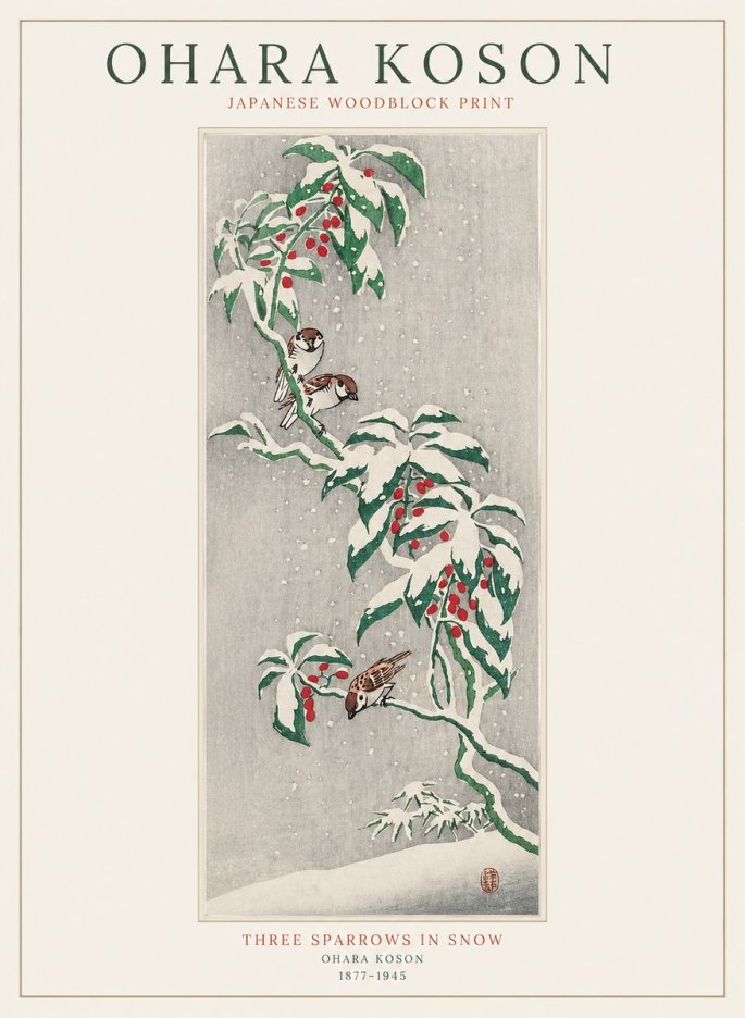 Ohara Koson Three Sparrows in Snow No1 - Affiche