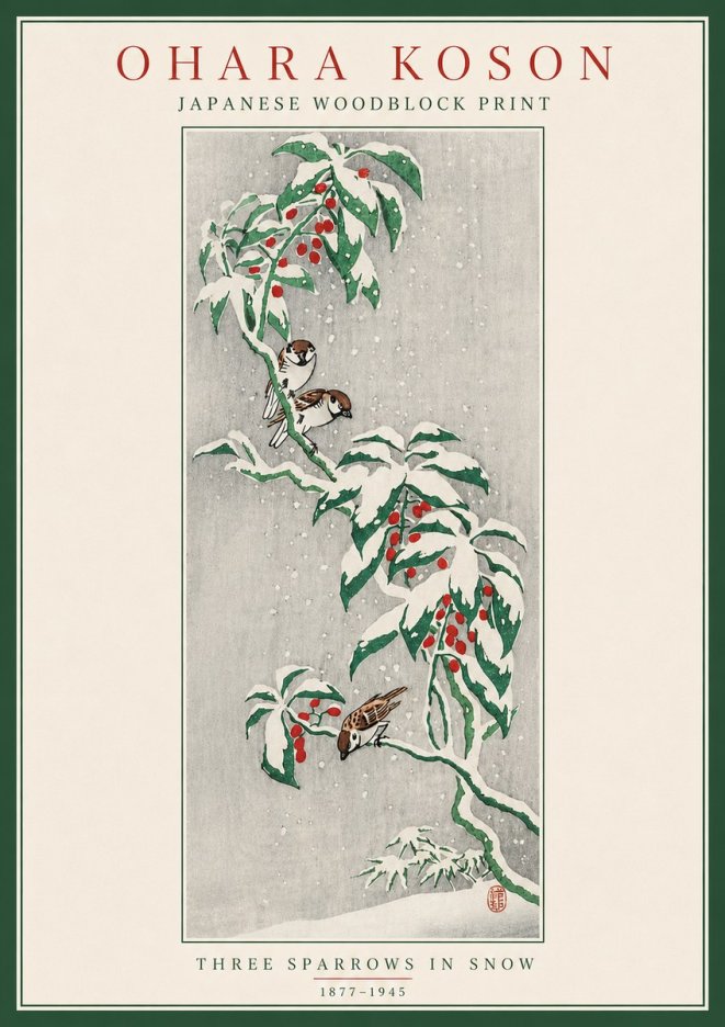 Ohara Koson Three Sparrows in Snow No5 - Affiche