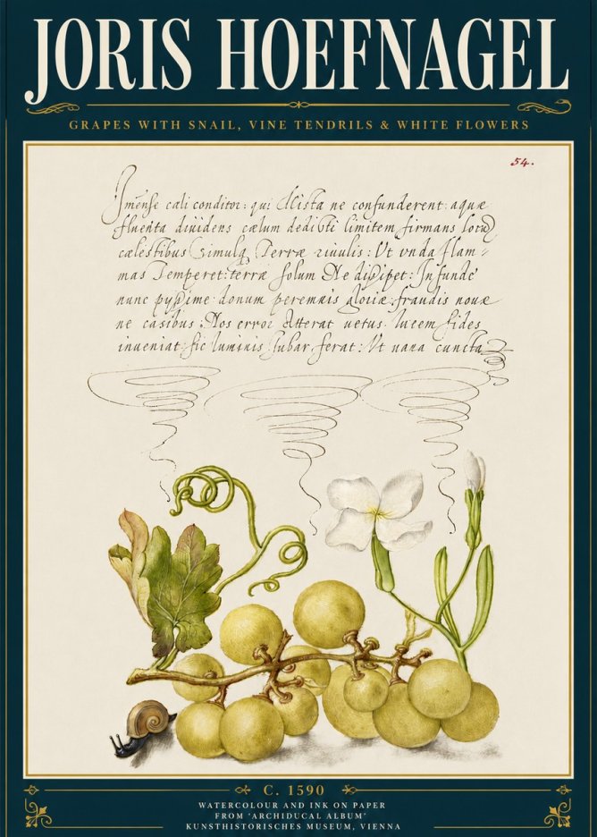 Joris Hoefnagel Grapes with Snail, Vine Tendrils & White Flowers No5 - Affiche
