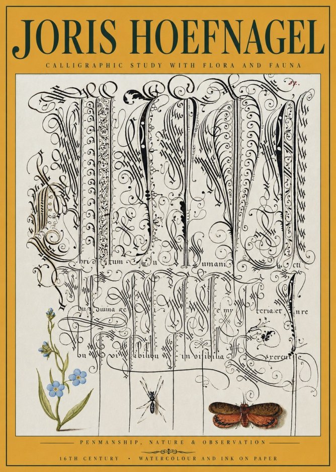 Joris Hoefnagel Calligraphic Study with Flora and Fauna No3 - Affiche