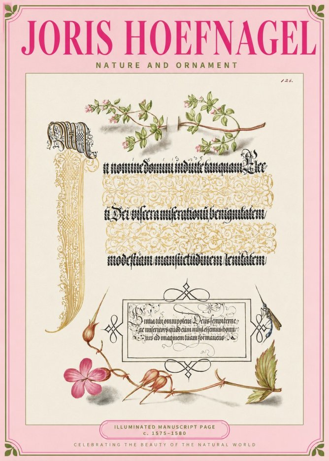 Joris Hoefnagel Illuminated Manuscript Page with Flowers and Insect No2 - Affiche