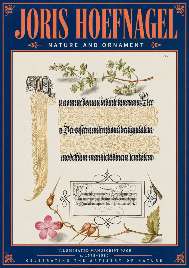 Joris Hoefnagel Illuminated Manuscript Page with Flowers and Insect No5 - Affiche