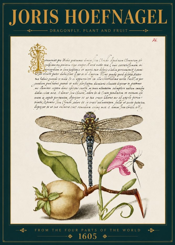 Joris Hoefnagel Dragonfly, Plant and Fruit No5 - Affiche