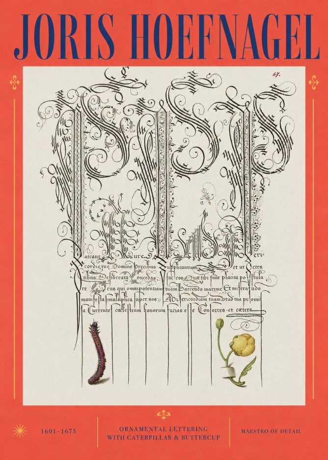 Joris Hoefnagel Ornamental Calligraphy with Caterpillar and Buttercup No3 - Affiche