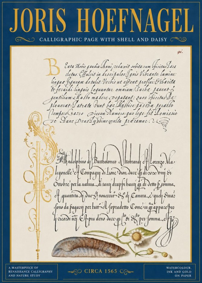 Joris Hoefnagel Calligraphic Page with Shell and Daisy No5 - Affiche