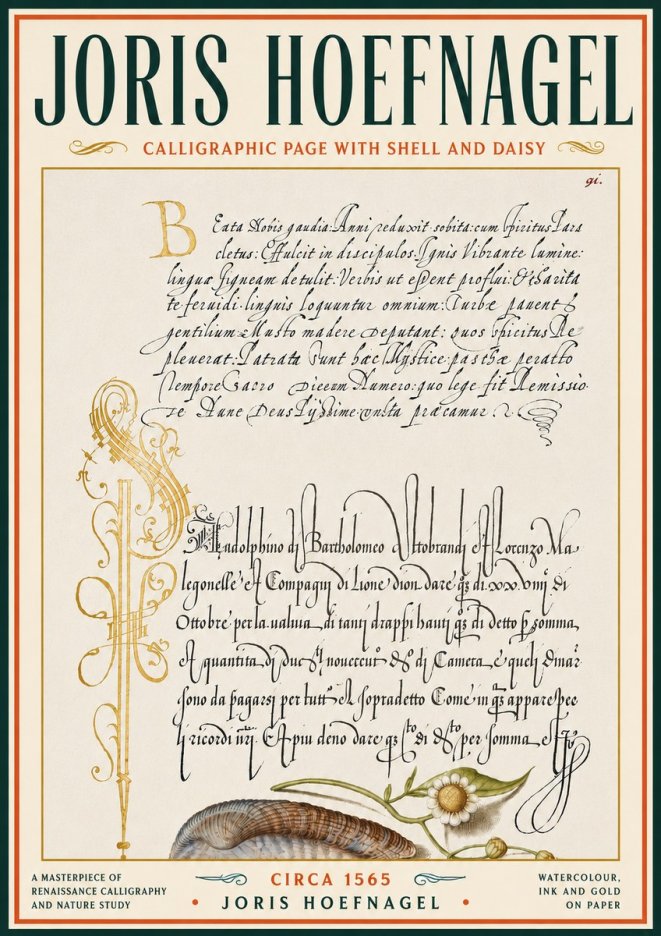 Joris Hoefnagel Calligraphic Page with Shell and Daisy No6 - Affiche