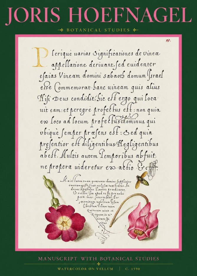Joris Hoefnagel Manuscript with Botanical Studies No2 - Affiche