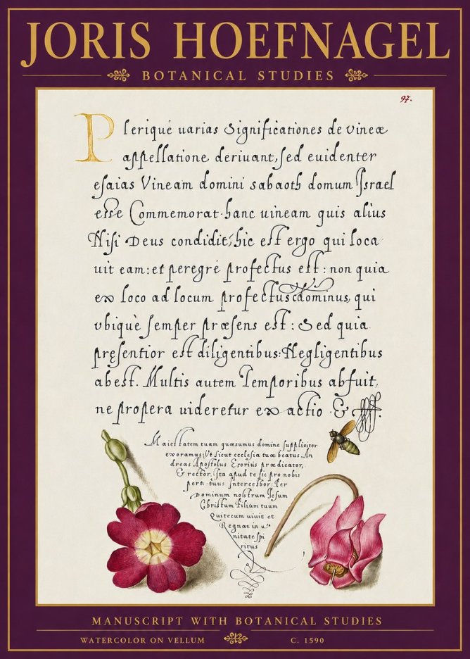 Joris Hoefnagel Manuscript with Botanical Studies No5 - Affiche