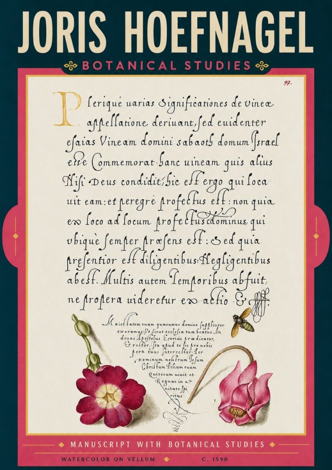 Joris Hoefnagel Manuscript with Botanical Studies No6 - Affiche