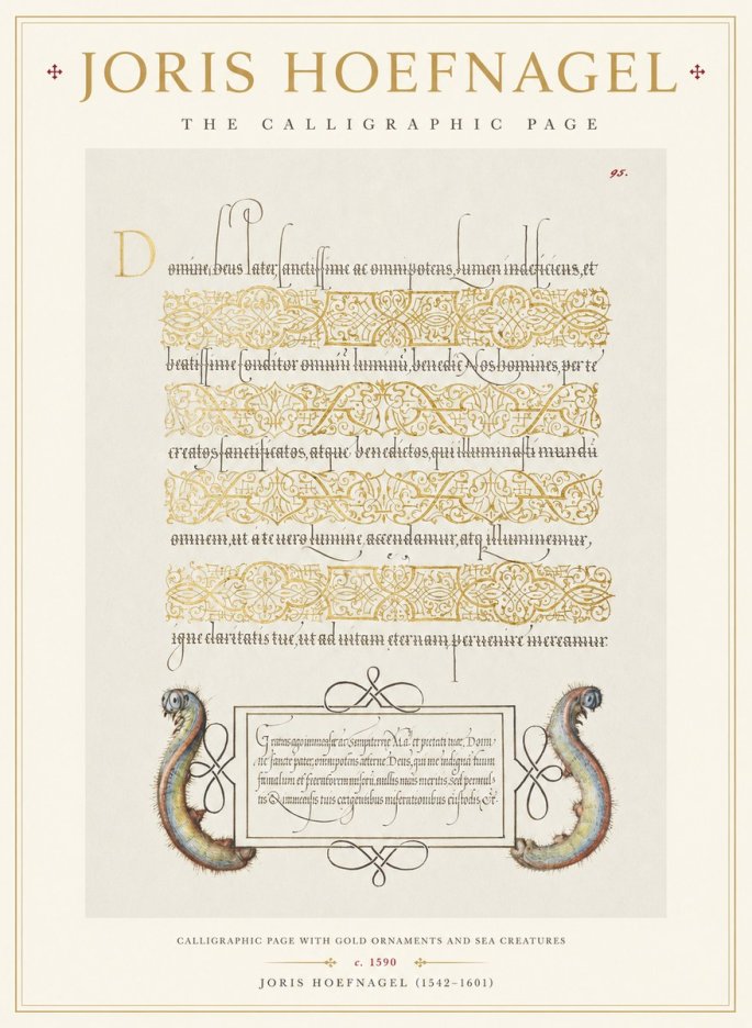 Joris Hoefnagel Calligraphic Page with Gold Ornaments and Sea Creatures No1 - Affiche
