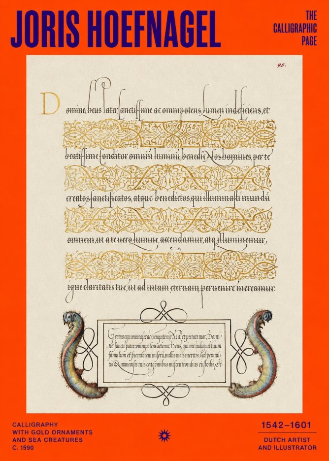 Joris Hoefnagel Calligraphic Page with Gold Ornaments and Sea Creatures No2 - Affiche