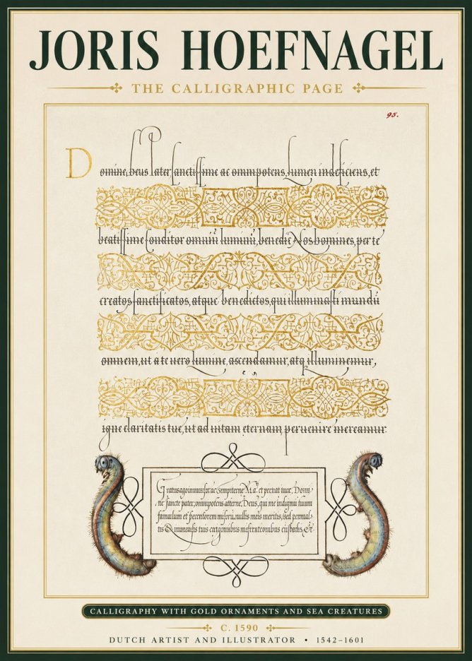 Joris Hoefnagel Calligraphic Page with Gold Ornaments and Sea Creatures No3 - Affiche
