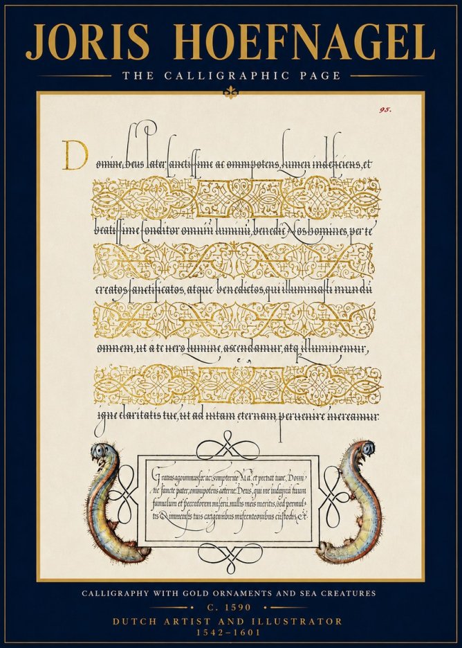 Joris Hoefnagel Calligraphic Page with Gold Ornaments and Sea Creatures No4 - Affiche