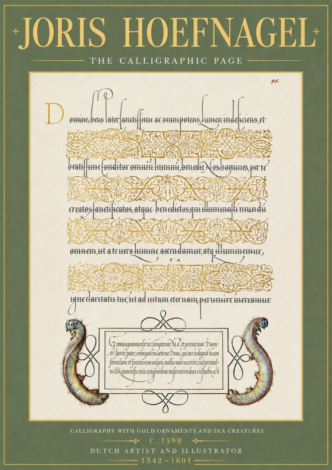 Joris Hoefnagel Calligraphic Page with Gold Ornaments and Sea Creatures No5 - Affiche