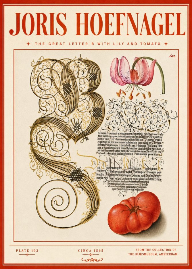 Joris Hoefnagel The Great Letter B with Lily and Tomato No5 - Affiche
