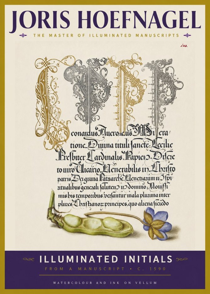 Joris Hoefnagel Illuminated Initials with Peapod and Flower No3 - Affiche