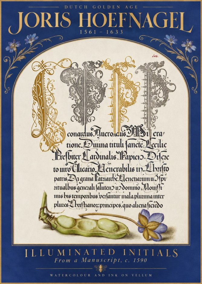 Joris Hoefnagel Illuminated Initials with Peapod and Flower No5 - Affiche