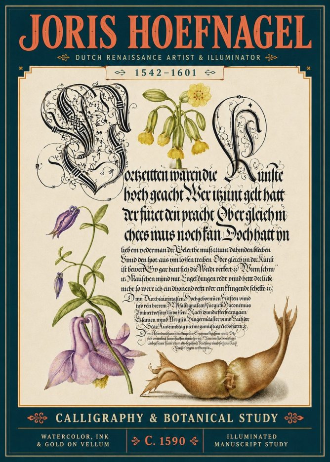 Joris Hoefnagel Calligraphy & Botanical Study No5 - Affiche
