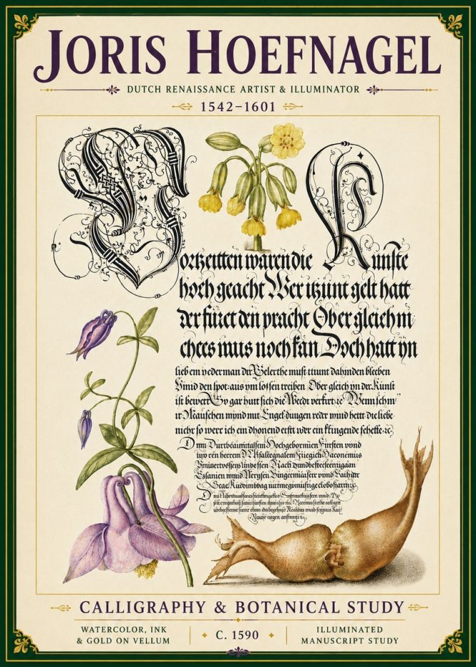 Joris Hoefnagel Calligraphy & Botanical Study No6 - Affiche
