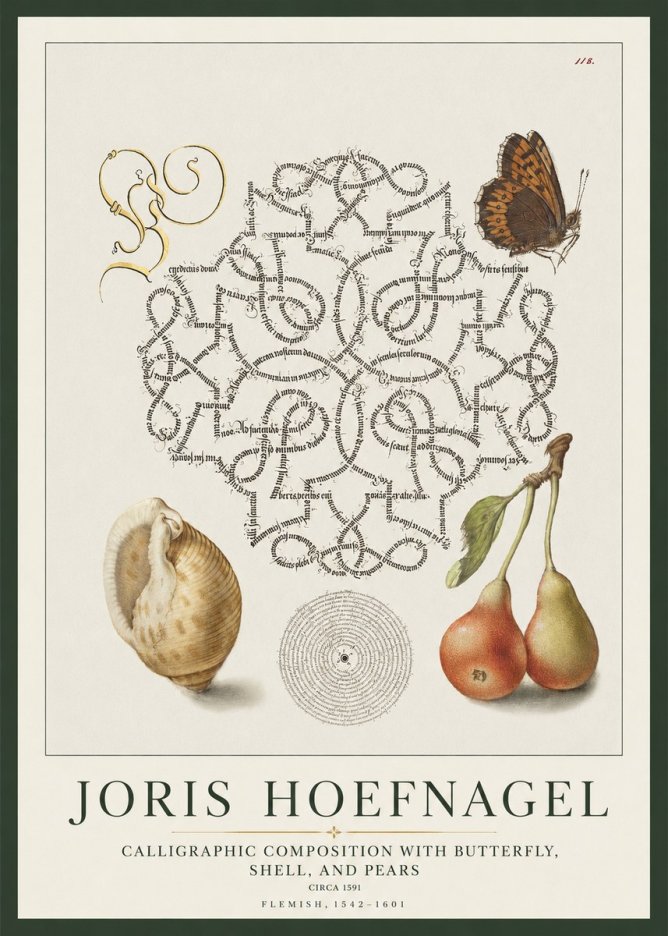 Joris Hoefnagel Calligraphic Composition with Butterfly, Shell, and Pears No1 - Affiche