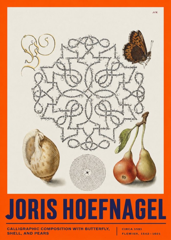 Joris Hoefnagel Calligraphic Composition with Butterfly, Shell, and Pears No2 - Affiche