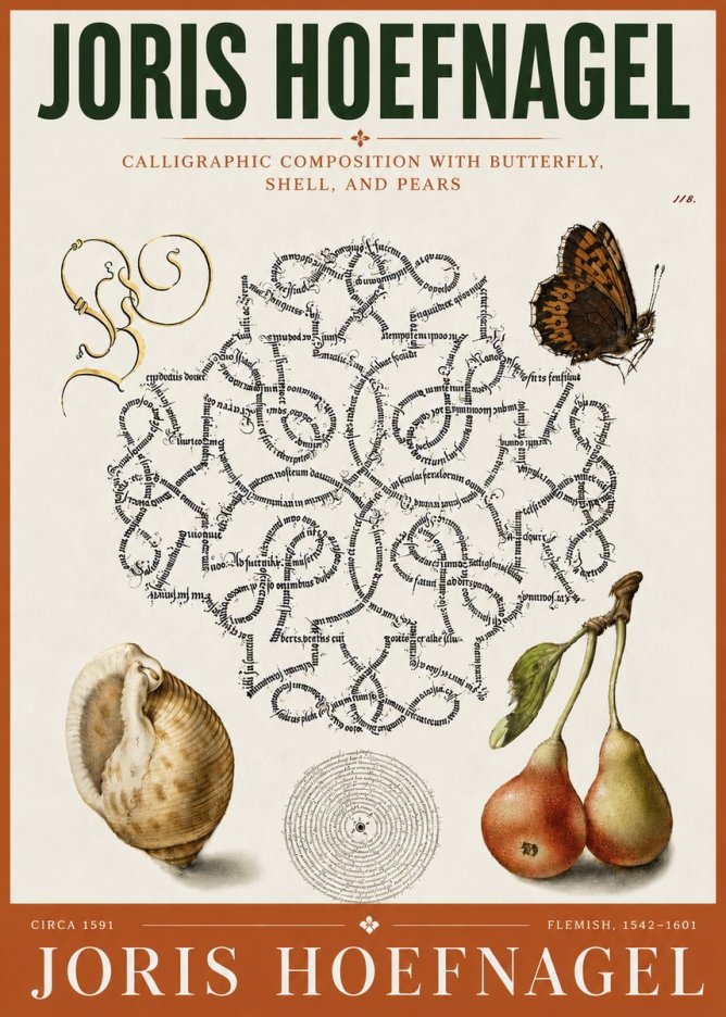 Joris Hoefnagel Calligraphic Composition with Butterfly, Shell, and Pears No5 - Affiche