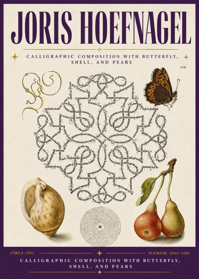 Joris Hoefnagel Calligraphic Composition with Butterfly, Shell, and Pears No6 - Affiche